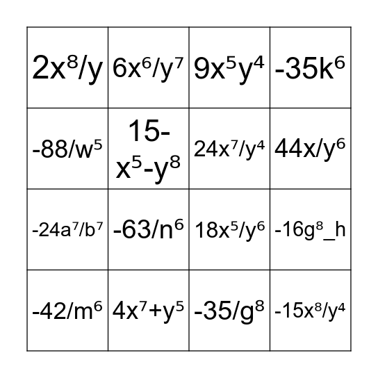 LCM Monomials Bingo Card