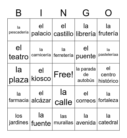 Sp 3 U2: Los lugares de la ciudad Bingo Card