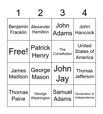 Founding Father's Bingo Card