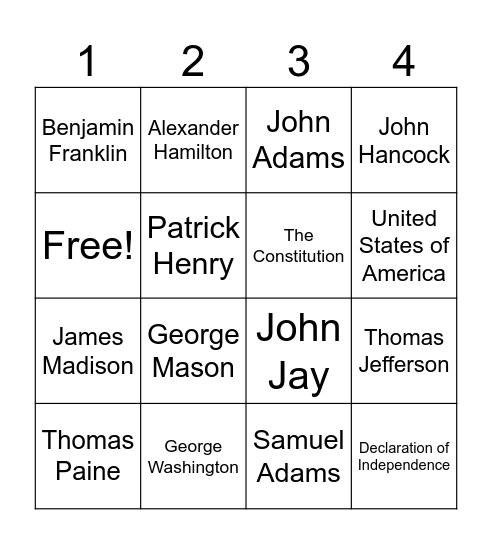 Founding Father's Bingo Card