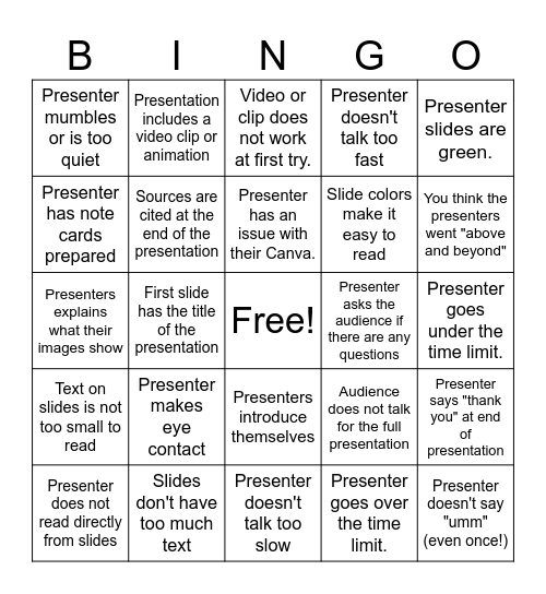 Presentation Bingo Card