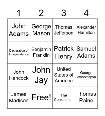 Founding Father's Bingo Card