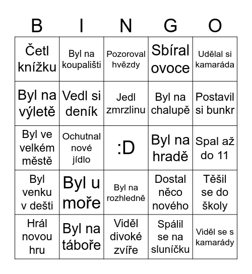 Co jsi dělal*a o prázdninách? Bingo Card