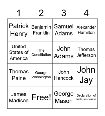 Founding Father's Bingo Card