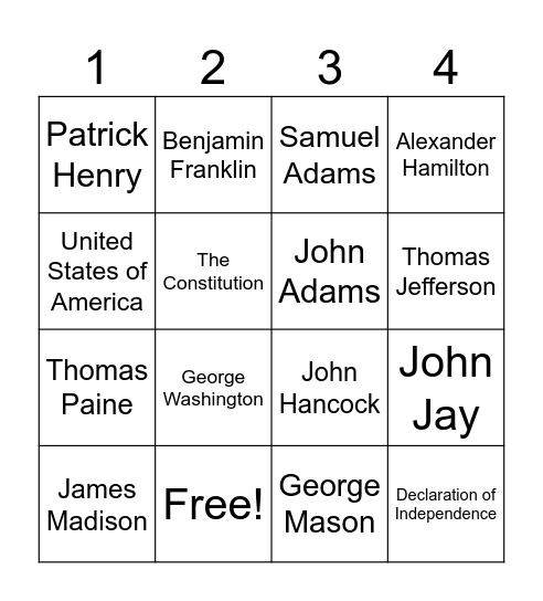Founding Father's Bingo Card
