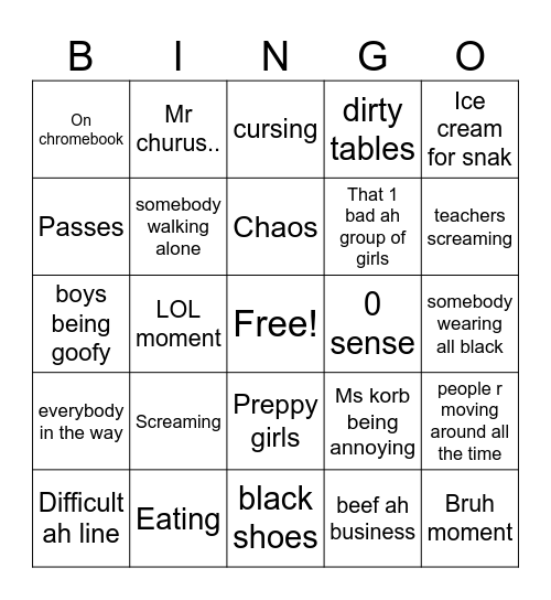 School lunch bingo Card