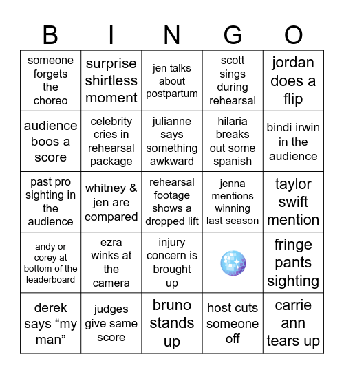 Dancing with the Stars Premiere Bingo Card