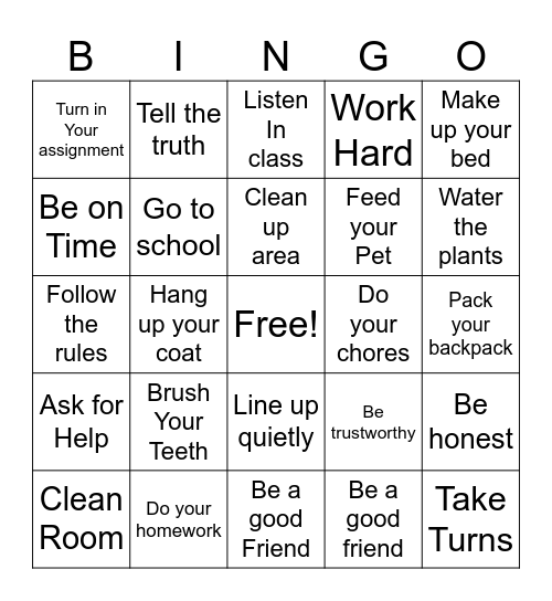 Responsibility Bingo Card
