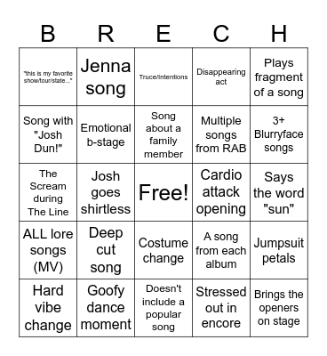 Breach Tour Bingo Card