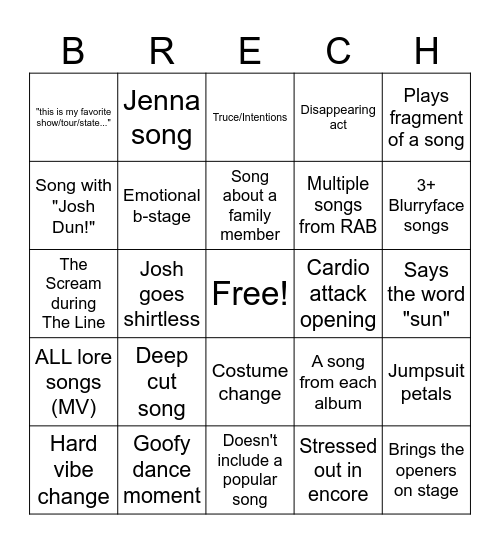 Breach Tour Bingo Card