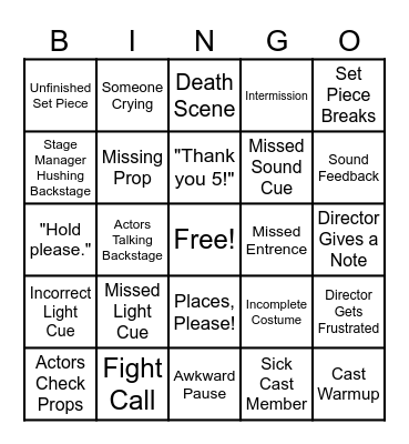 The Lion, The Witch and the Wardrobe: Tech Rehearsal Bingo Card