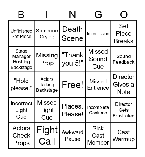 The Lion, The Witch and the Wardrobe: Tech Rehearsal Bingo Card