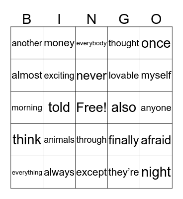 Third Grade High Frequency words 1 Bingo Card