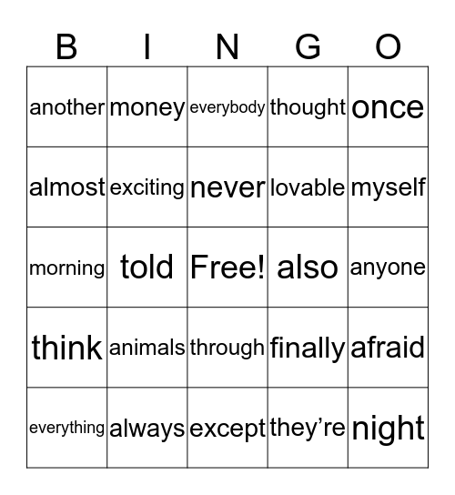 Third Grade High Frequency words 1 Bingo Card