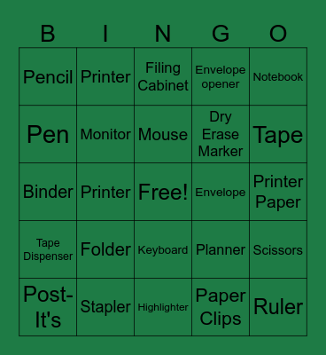 Office Supplies Bingo Card