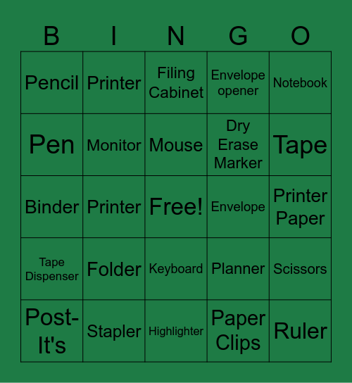 Office Supplies Bingo Card