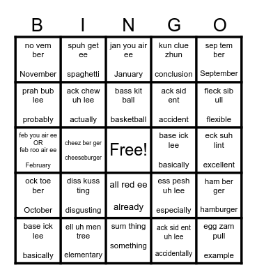 Say It By Syllable BINGO Card