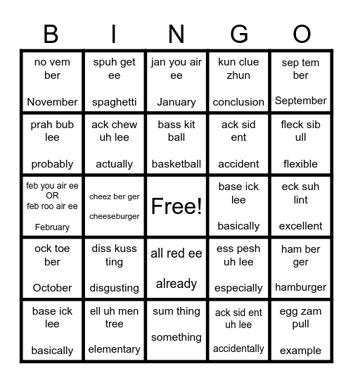 Say It By Syllable BINGO Card