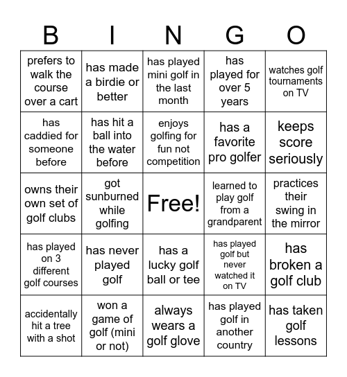 Golf Club Bingo Card