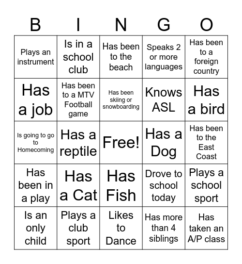Get To Know You Bingo Card