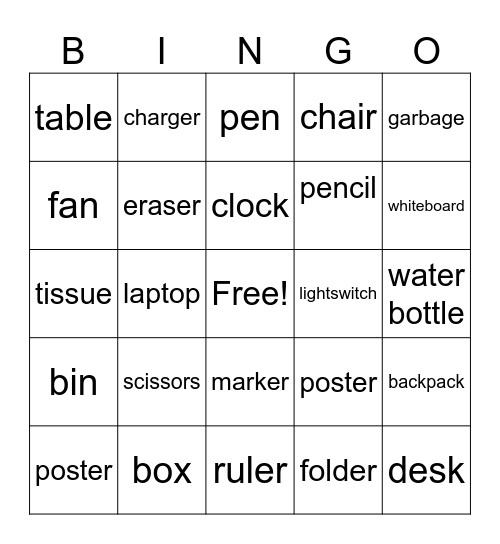 Classroom Items Bingo Card
