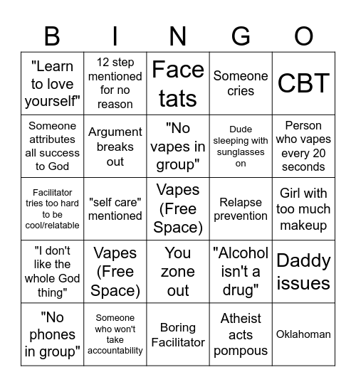Rehab Group Bingo Card