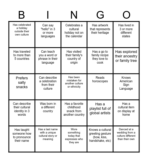 People Bingo: Belonging, Culture & Connection Bingo Card