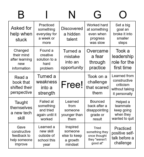 A growing mind Bingo Card