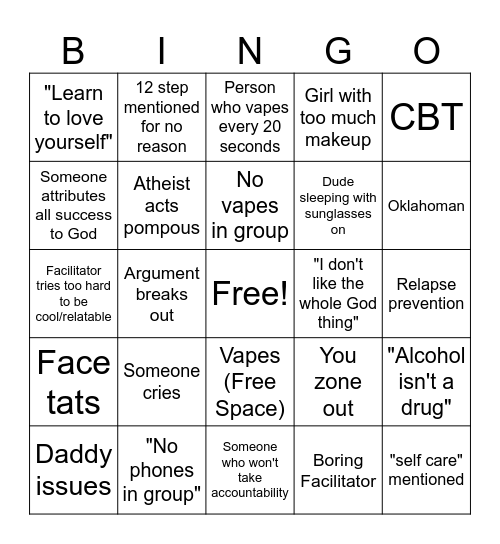 Rehab Group Bingo Card
