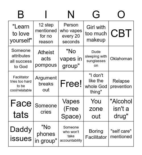 Rehab Group Bingo Card