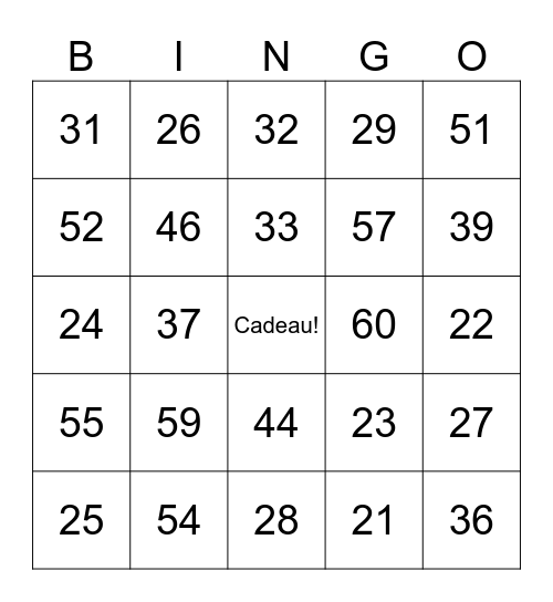 French numbers 20-60 Bingo Card