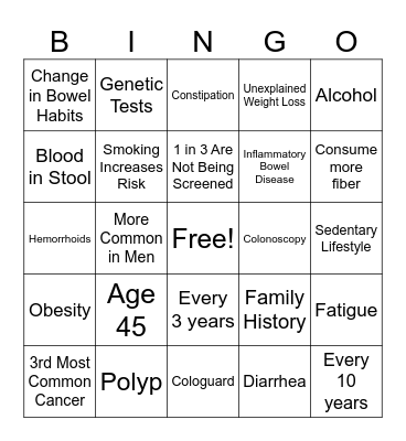 Colon Cancer Awareness Bingo Card
