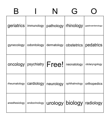 Medical Specialty Bingo Card