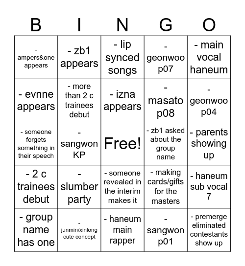 BOYS II PLANET FINALE Bingo Card