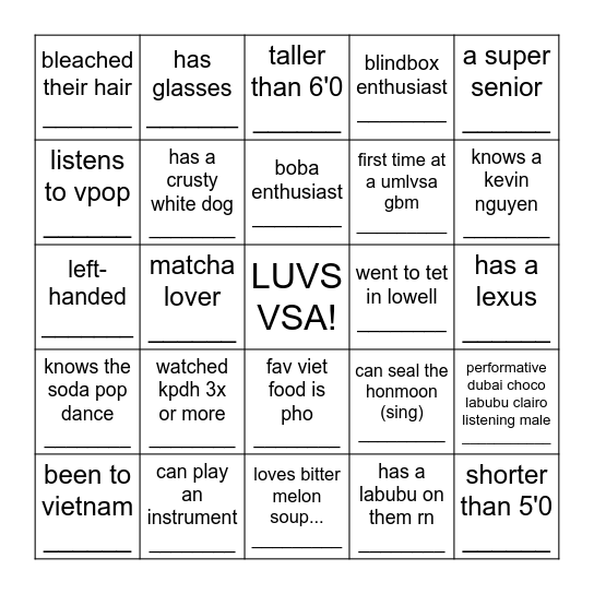 VSA ICEBREAKER BINGO!!! Bingo Card