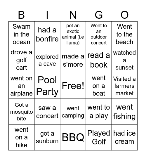 Summer Bingo Card