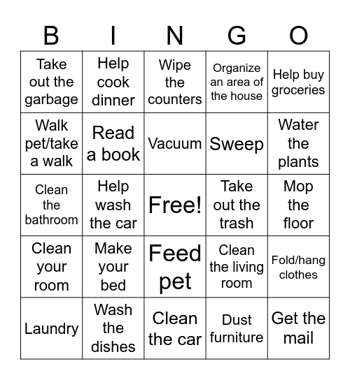 Homework:  Chores Bingo Card