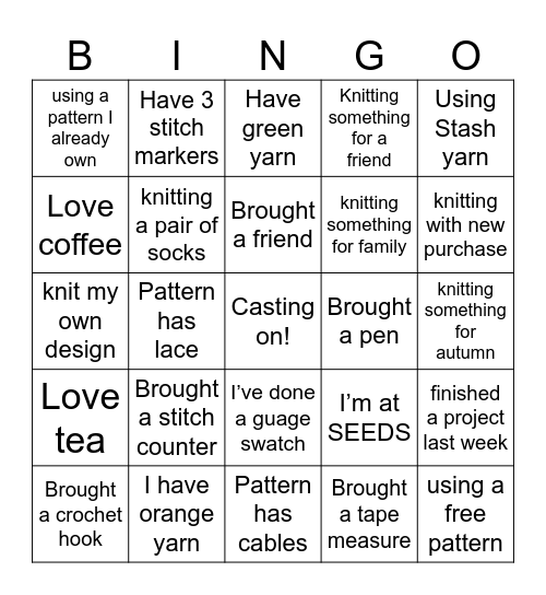 Knitting Bingo Card