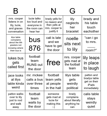 Walker homeroom Bingo Card