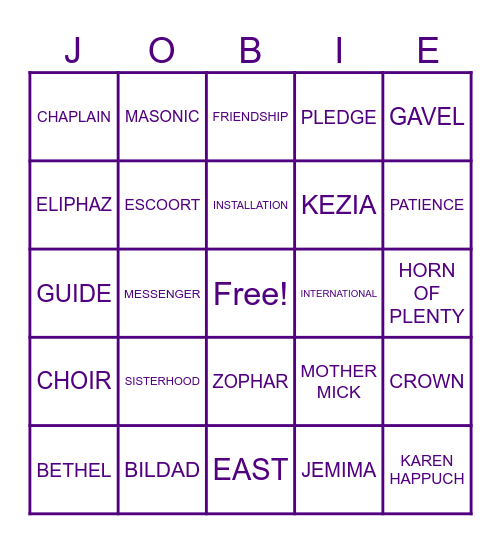 Job's Daughters Bingo Card
