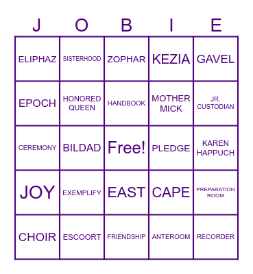 Job's Daughters Bingo Card