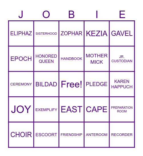 Job's Daughters Bingo Card