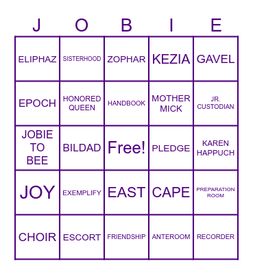 Job's Daughters Bingo Card