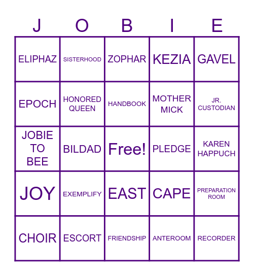 Job's Daughters Bingo Card