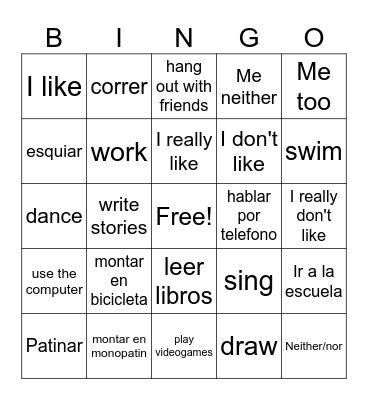 Spanish Vocab Bingo Card