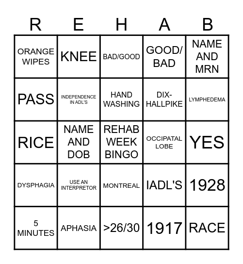 Rehab Week Bingo Card