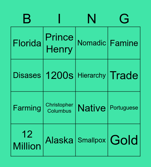 America's Beginnings Bingo Card