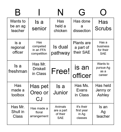 FFA Bingo Card
