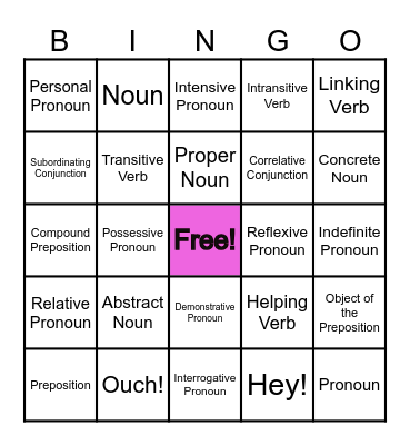 Parts of Speech Bingo Card