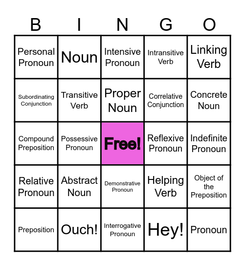 Parts of Speech Bingo Card